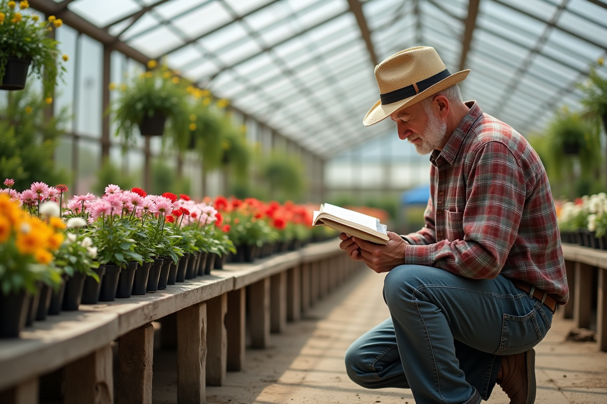 Homme âgé choisissant des fleurs dans une serre lumineuse
