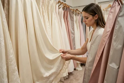 Mariée inspectant une robe de mariée louée dans une boutique de Strasbourg avant le jour J