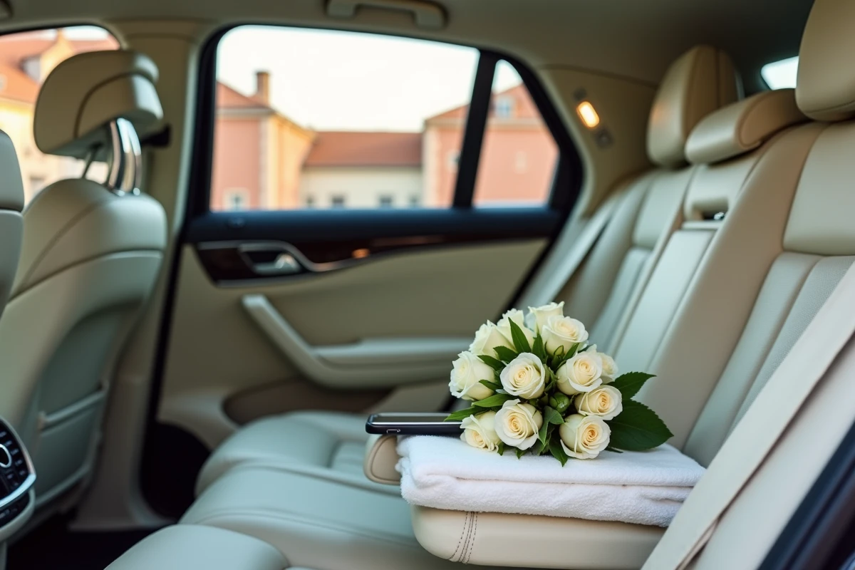 Intérieur élégant d'une voiture de location avec chauffeur pour mariage à Toulouse, sièges en cuir crème avec bouquet de roses blanches et itinéraire affiché