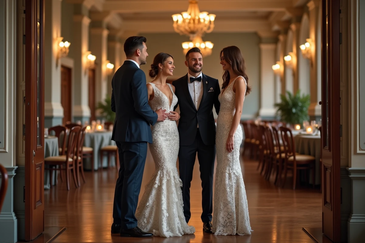 Groupe d invités élégants discutant dans une salle de réception