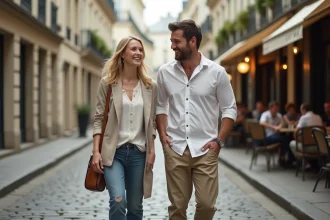 Couple célèbre se promenant dans une rue parisienne en 2026, ambiance décontractée et naturelle