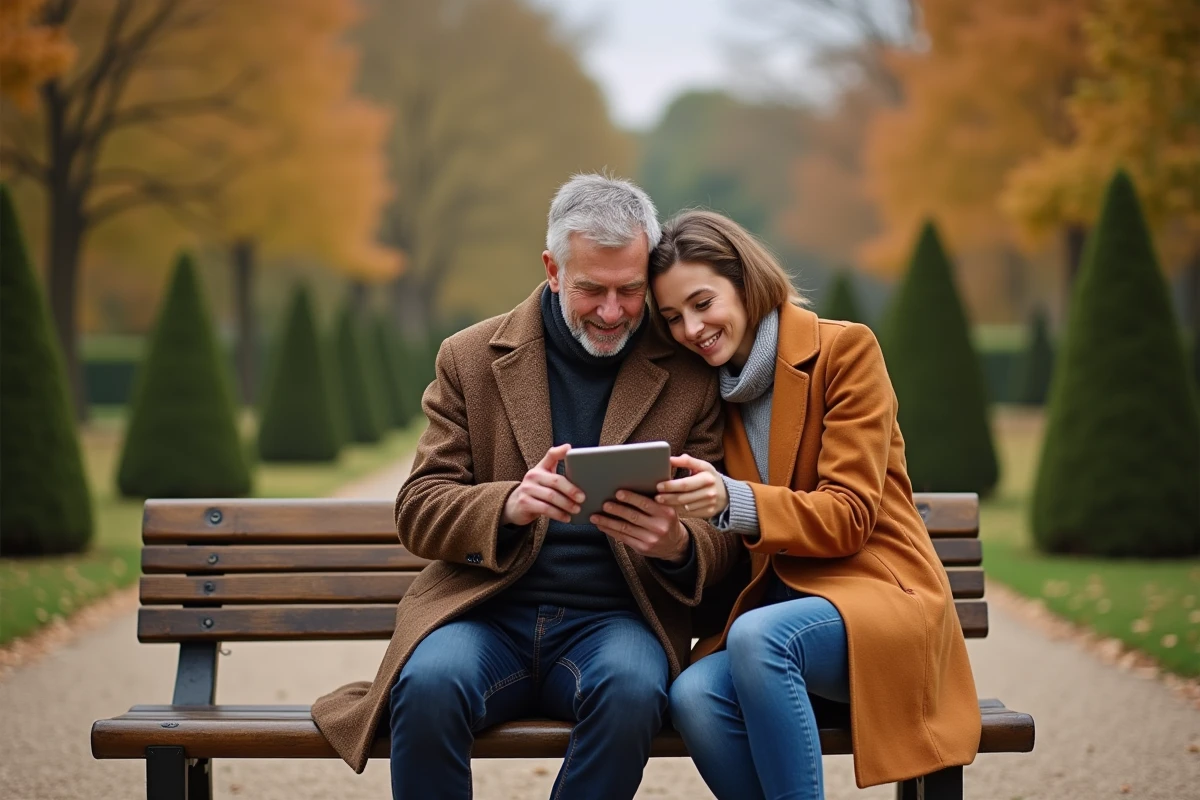 Couple assis dans un jardin français en automne, ambiance éditoriale chaleureuse et intime