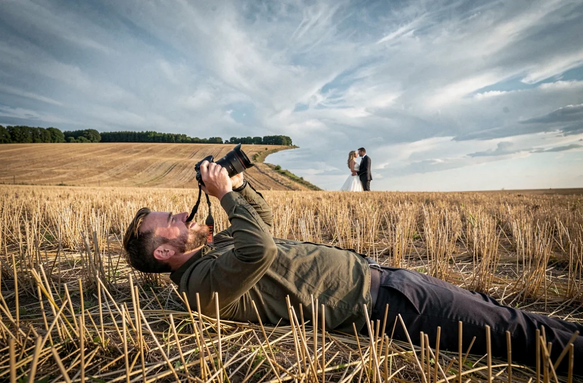 Jérémie HKB, photographe de mariage créatif, allongé dans un champ de chaume doré de Picardie pour capturer un angle dramatique des mariés