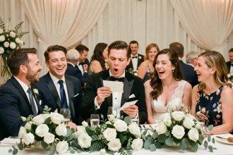 Groupe d'invités de mariage jouant au jeu des douze mois autour d'une table de réception décorée, réagissant avec amusement à la lecture d'un gage
