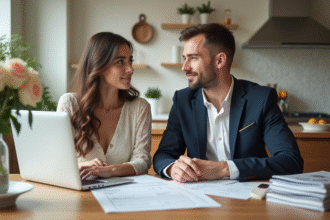 Jeune couple en tenue de mariage discutant à la maison