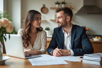 Jeune couple en tenue de mariage discutant à la maison