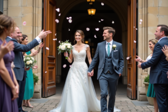 Jeune couple heureux sortant de la mairie historique