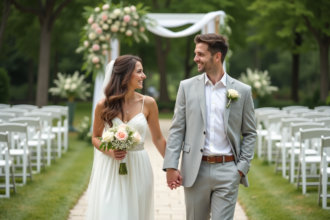 Jeune couple en tenue de mariage dans un jardin fleuri