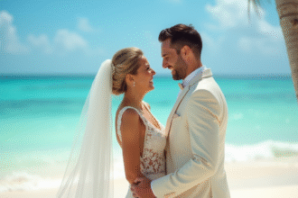 Jeune couple marié riant sur une plage tropicale ensoleillée