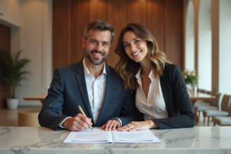 Jeune couple signant mariage à la mairie élégante