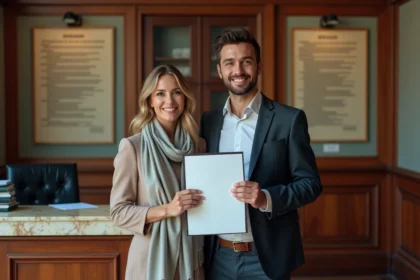 Jeune couple français souriant avec documents de mariage