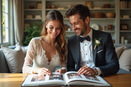 Jeune couple de mariés arrangeant des photos de mariage dans un album