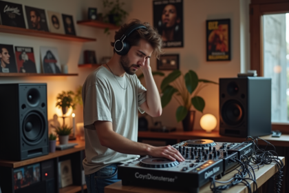 Jeune DJ ajustant ses écouteurs dans un studio maison