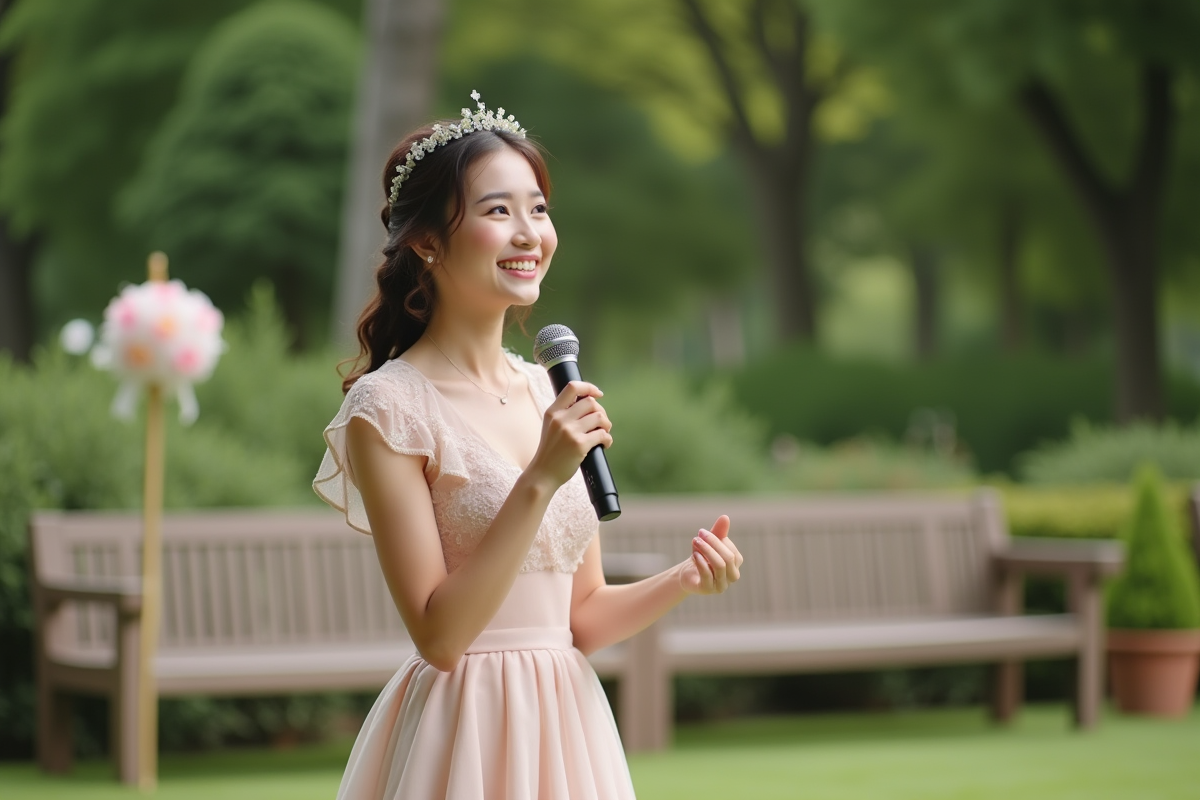Jeune animatrice de mariage en robe pastel en extérieur
