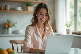 Jeune femme créant son site de mariage sur un ordinateur portable
