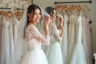 Jeune femme en robe de mariée ajustant son voile dans un salon