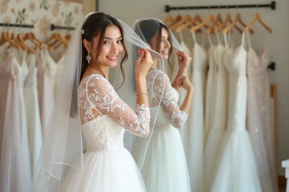 Jeune femme en robe de mariée ajustant son voile dans un salon