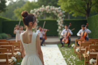 Jeune femme en robe blanche regardant un groupe de musiciens lors d’un mariage