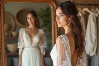 Jeune femme essayant une robe de mariage bohème dans une boutique chaleureuse