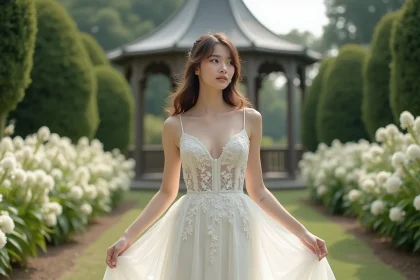 Jeune femme en robe de mariage en dentelle dans un jardin