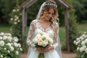Jeune mariée en robe blanche avec bouquet de roses et peonies