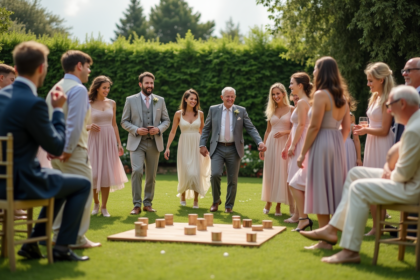 Groupe de jeunes et familles jouant à un jeu en extérieur lors d'un mariage