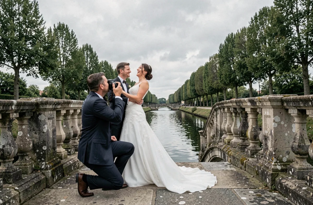 Keith Flament, photographe de mariage, travaillant sur un pont historique en pierre au bord d'un canal du nord de la France avec les mariés