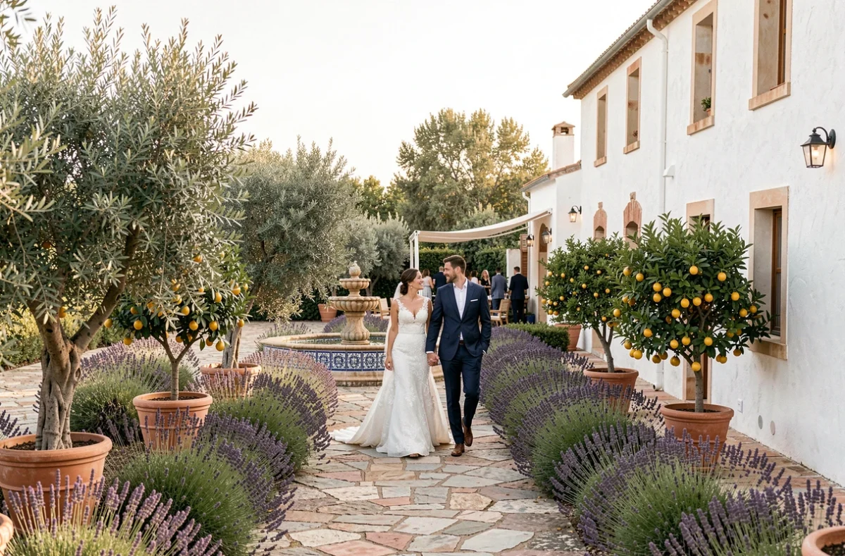 La Finca del Sol en Occitanie, mariés marchant sur un chemin en pierre bordé d'oliviers et de lavande devant une villa méditerranéenne