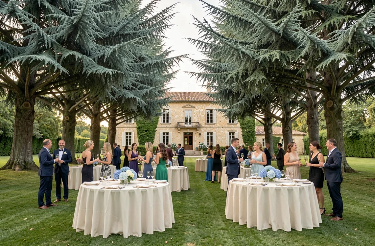 Les Cèdres Bleus en Occitanie, cocktail de mariage sous les cèdres bleus centenaires avec tables dressées en ivoire et bleu