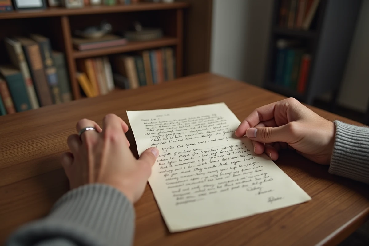Mains tenant une lettre sur un bureau en bois