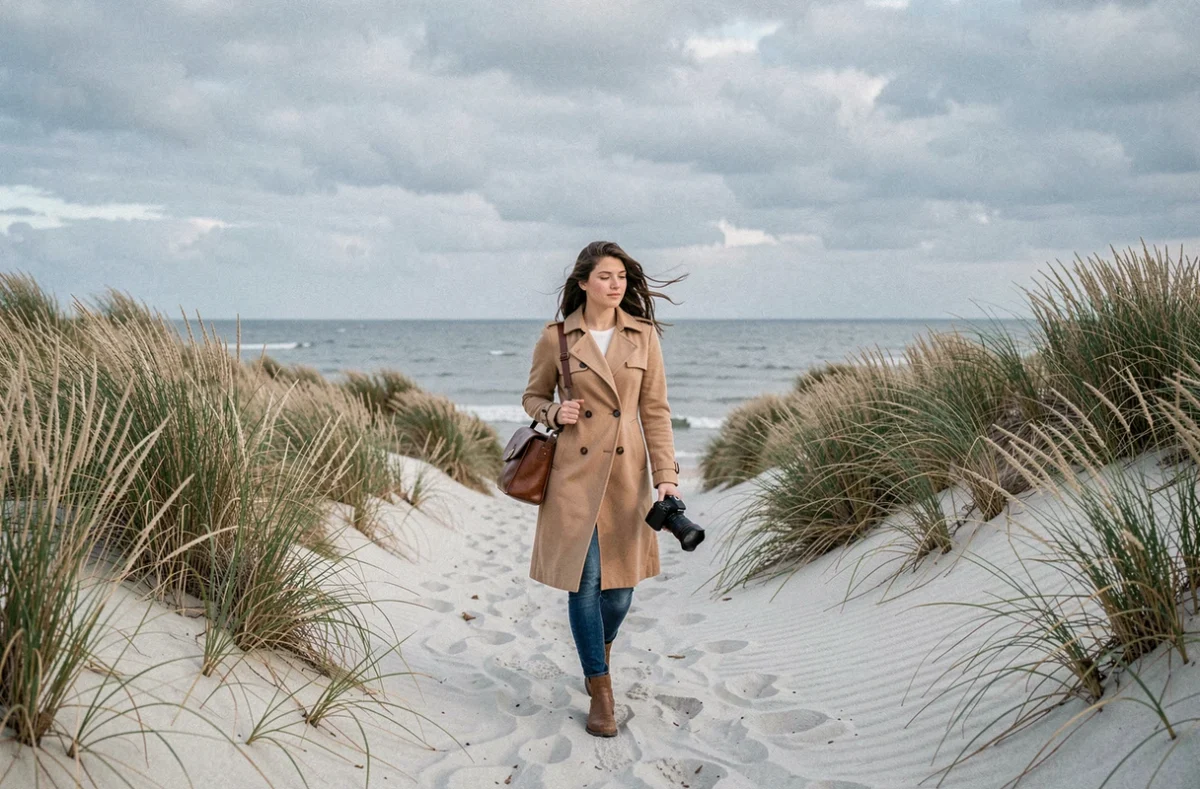 Maëlys Izzo, photographe de mariage, marchant sur les dunes de la Côte d'Opale dans les Hauts-de-France avec son équipement photo