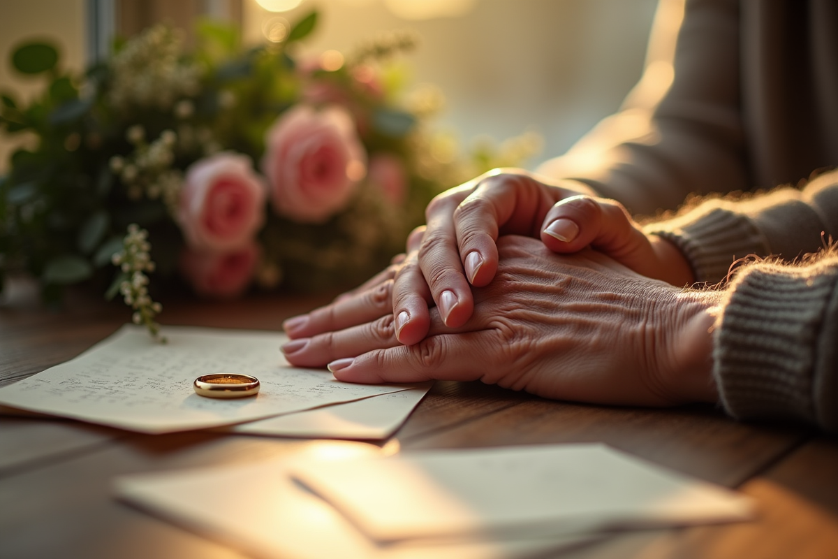 Mains de personnes âgées avec alliances et fleurs