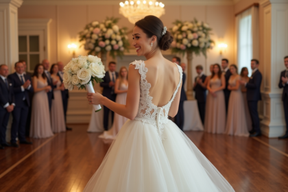 Mariée souriante en robe de mariage préparant à lancer le bouquet