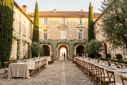 Cour d'un château en Occitanie décorée pour un mariage, avec tables dressées, mariés en arrière-plan et végétation méditerranéenne