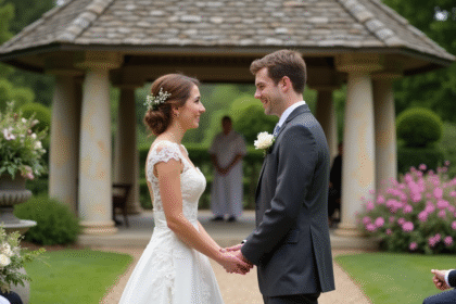 Jeune couple marié dans un jardin romantique lors d'une cérémonie