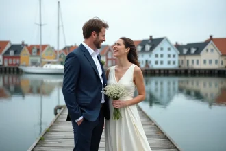Couple célébrant leur mariage au Danemark sur un quai en bois face au port avec des maisons colorées en arrière-plan