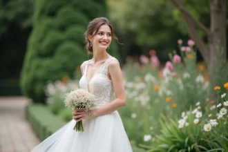 Femme souriante en robe de mariage blanche dans un jardin