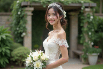 Jeune mariée en robe blanche dans un jardin avec pergola