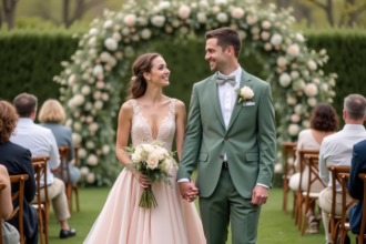 Jeune couple marié dans un jardin fleuri lors d'un mariage