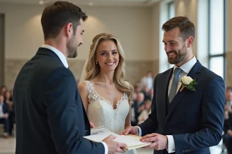 Jeune couple marié échangeant documents à la mairie
