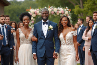 Cérémonie de mariage multiculturelle avec un homme souriant entre deux femmes