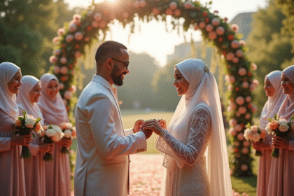 Cérémonie de mariage musulman en plein air avec échange d'anneaux