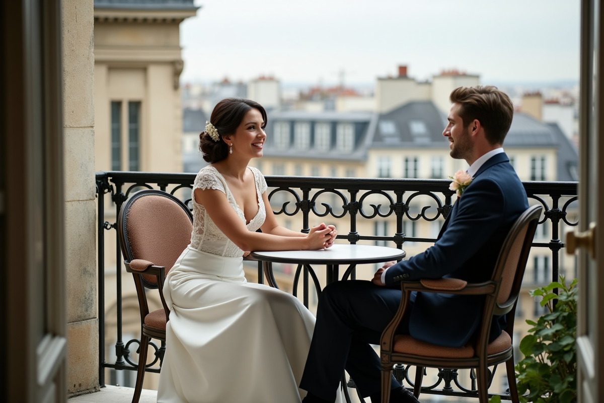 Jeune couple marié discutant sur un balcon parisien