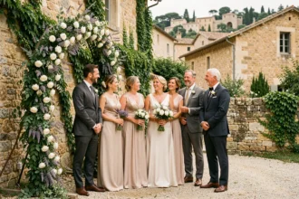 Cérémonie de mariage élégante en Provence avec famille en tenue de gala devant une arche fleurie en roses blanches et lavande dans un village aux murs de pierre