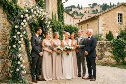Cérémonie de mariage élégante en Provence avec famille en tenue de gala devant une arche fleurie en roses blanches et lavande dans un village aux murs de pierre
