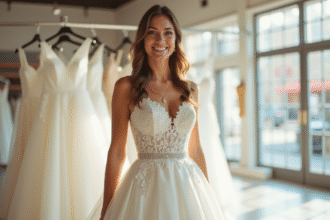 Mariée souriante essayant une robe de mariage blanche dans une boutique lumineuse