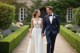 Couple en mariage dans un jardin français romantique