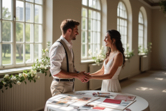 Couple souriant tenant la main dans un lieu de mariage élégant