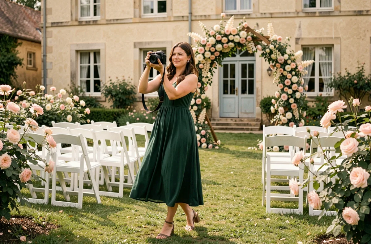 Marie Echavidre, photographe de mariage, se déplaçant élégamment lors d'une cérémonie de jardin romantique dans une ferme rénovée des Hauts-de-France