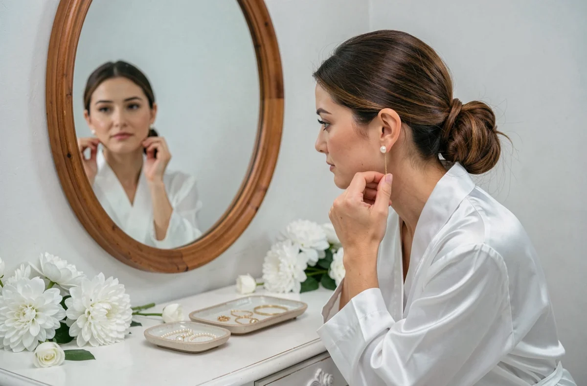 Mariée se coiffant d'une boucle d'oreille pendante perle et or devant un miroir vintage dans une loge nuptiale lumineuse